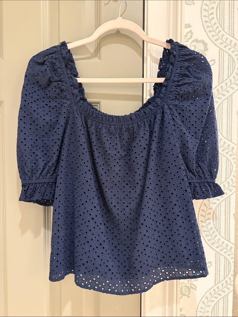 Pomander Place Navy Eyelet Square Neck Puff Sleeve Blouse